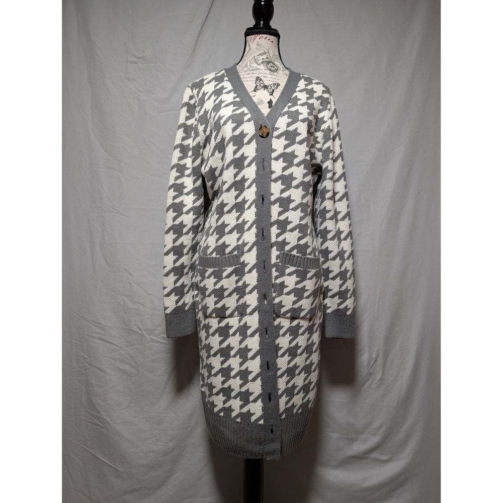 Olive + Oak Gray White Houndstooth Longline Cardigan‎ Knit Sweater Women's Large